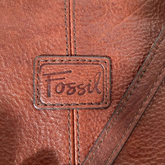 Womens Fossil Leather Tapestry Boho Crossbody Bag Brown Orange Blue 8 x 8" - Picture 9 of 9